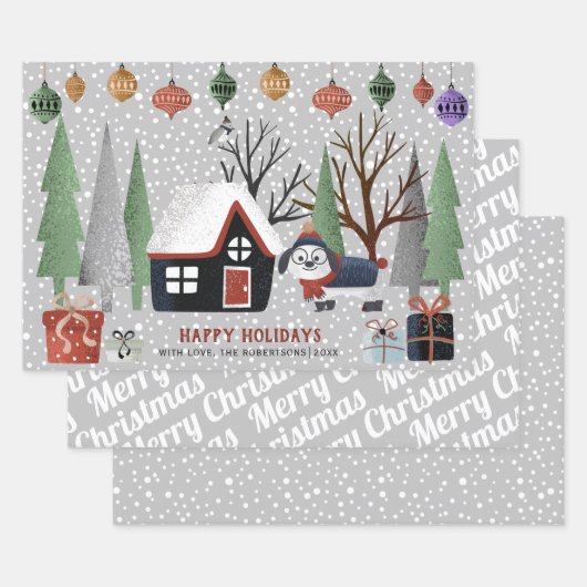 Feuille De Papier Cadeau Chien d'hiver, Joyeux Noël et flocons de neige (Lot)