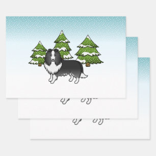 Feuille De Papier Cadeau Chien-Drapeau De Shetland Bi-Noir Dans Une Forêt D