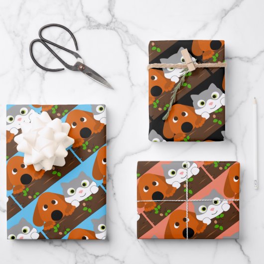 Feuille De Papier Cadeau Chien et chat sur une branche (Recto)
