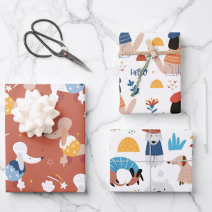 Feuille De Papier Cadeau Chien illustré coloré et moderne