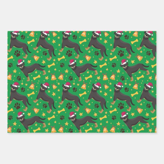 Feuille De Papier Cadeau Chien Rottweiler avec le chapeau du Père Noël (Devant)