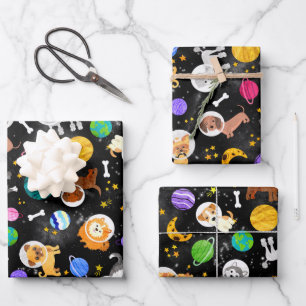 Feuille De Papier Cadeau Chiens de l'espace Aquarelle Astronaut Chiots
