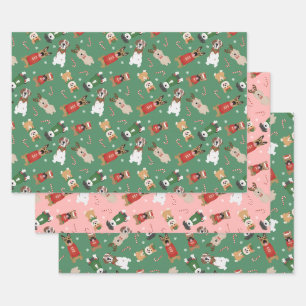 Feuille De Papier Cadeau Chiens de Noël Motif Rouge Vert