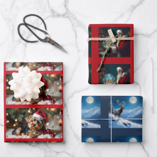 Feuille De Papier Cadeau Chiens de Noël, Père Noël, Renne