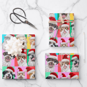 Feuille De Papier Cadeau Chiens et chats avec la barbe du Père Noël
