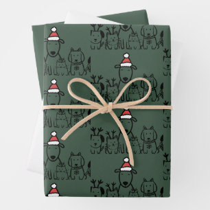 Feuille De Papier Cadeau Chiens et chats de Noël Renne Fêtes
