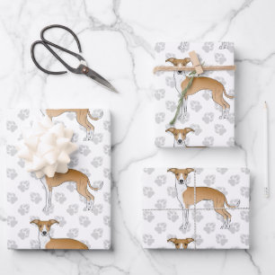 Feuille De Papier Cadeau Chiens Lévriers Italiens Fauve Et Blanc Avec Patte