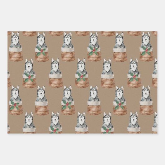 Feuille De Papier Cadeau Chiens Rustiques Kraft Dans Un Panier En Osier (Devant 3)