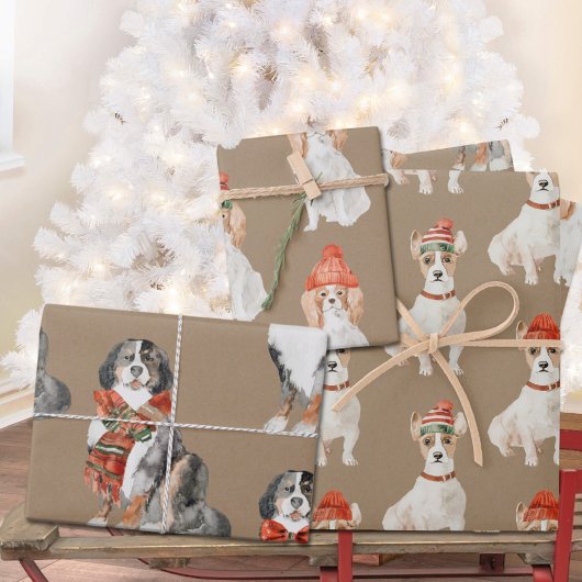 Feuille De Papier Cadeau Chiens rustiques Kraft habillés pour Noël