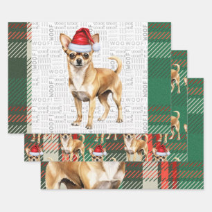 Feuille De Papier Cadeau Chihuahua Chien Rouge et Vert Plaid Noël