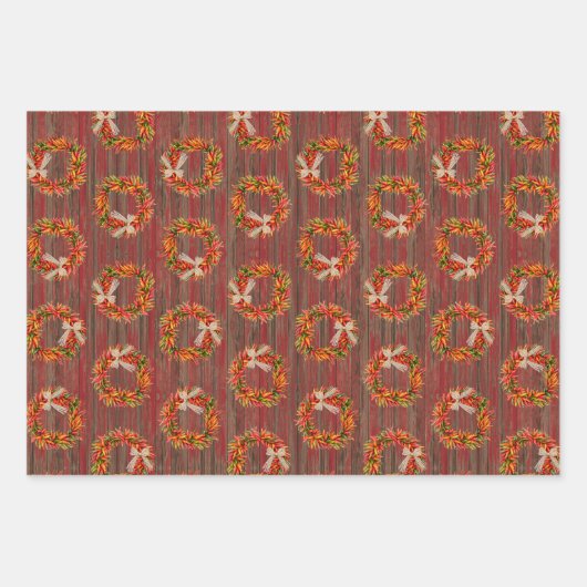Feuille De Papier Cadeau Chile Pepper Wreaths on Rustic Wood Pattern (Devant 2)
