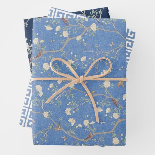 Feuille De Papier Cadeau Chinoiserie Camellia Garden & Key grecque (En situation)