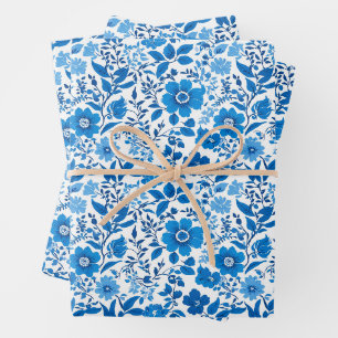 Feuille De Papier Cadeau Chinoiserie minimaliste vintage bleu blanc Fleur