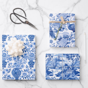 Feuille De Papier Cadeau Chinoiserie Pagode Bleue & Blanc Ginger Jars Oisea