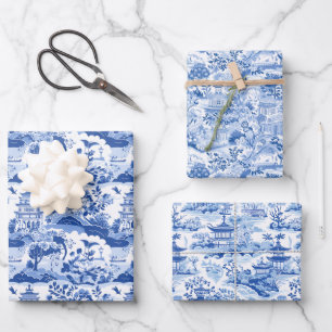 Feuille De Papier Cadeau Chinoiserie Pagode Bleue & Blanche
