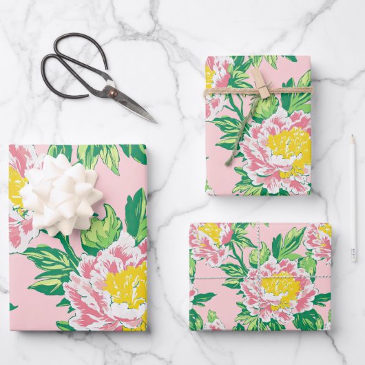 Feuille De Papier Cadeau Chinoiserie rose Floral (Recto)