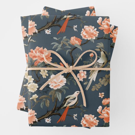 Feuille De Papier Cadeau Chinoiserie sur Denim Blue (En situation)