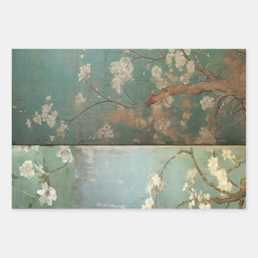 Feuille De Papier Cadeau Chinoiserie Vert et Pomme vieilles fleurs 1 (Devant)