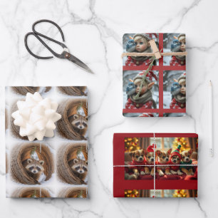 Feuille De Papier Cadeau chiots de Noël, raton laveur, Elfe