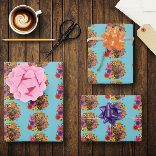 Feuille De Papier Cadeau Chouette à fleurs