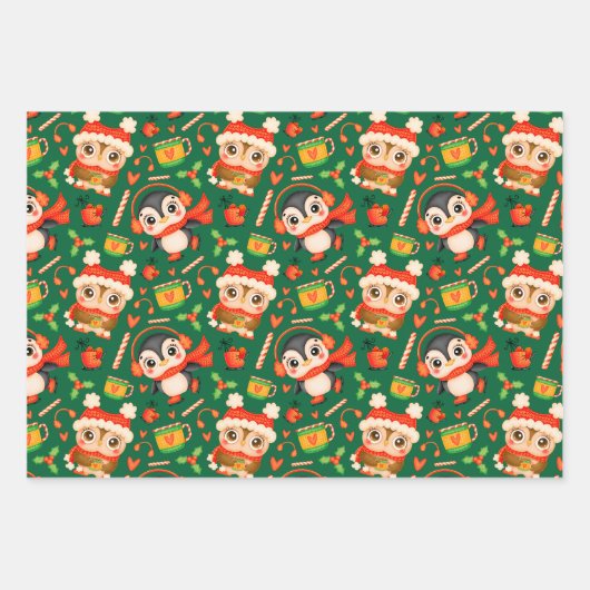 Feuille De Papier Cadeau Chouette de Noël et Pingouin vert festif (Devant 3)