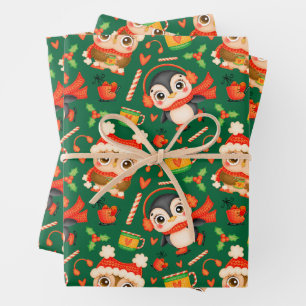 Feuille De Papier Cadeau Chouette de Noël et Pingouin vert festif