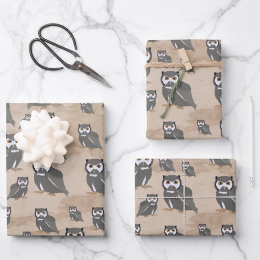 Feuille De Papier Cadeau Chouette Motif & Bois rustique (Recto)