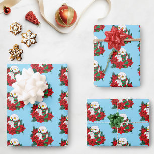 Feuille De Papier Cadeau Chouette neigeuse Poinsettias rouges Noël