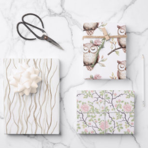 Feuille De Papier Cadeau Chouette rose enchantée Anniversaire
