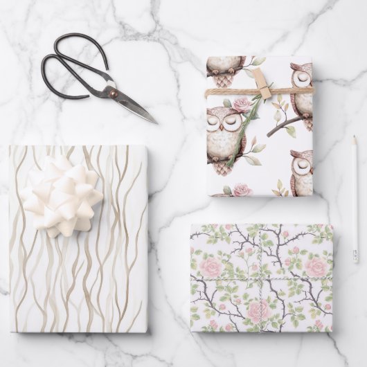 Feuille De Papier Cadeau Chouette rose enchantée Anniversaire (Recto)