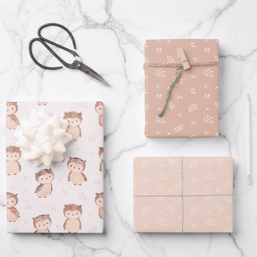 Feuille De Papier Cadeau Chouettes d'aquarelle mignonnes dans les tons terr (Recto)