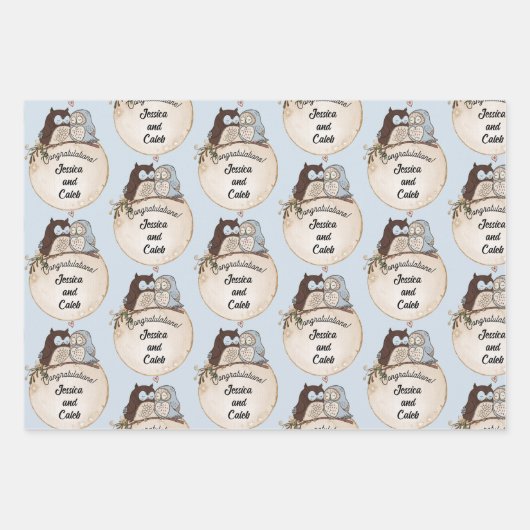 Feuille De Papier Cadeau Chouettes Mariage Félicitations Ajouter Noms Migno (Devant 3)