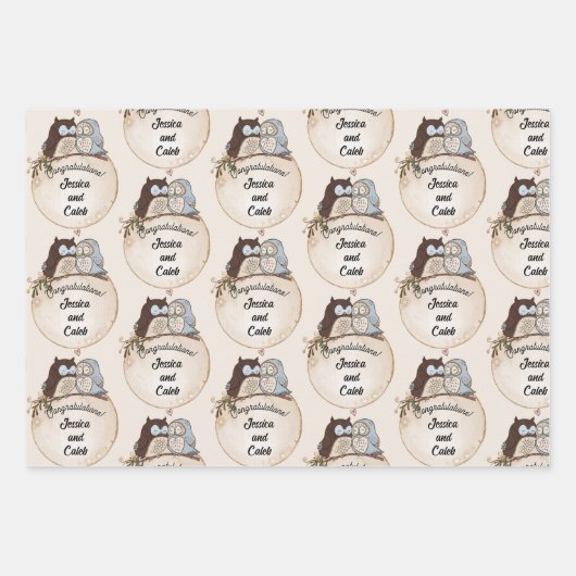 Feuille De Papier Cadeau Chouettes Mariage Félicitations Ajouter Noms Migno (Devant 2)