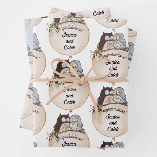 Feuille De Papier Cadeau Chouettes Mariage Félicitations Ajouter Noms Migno (En situation)