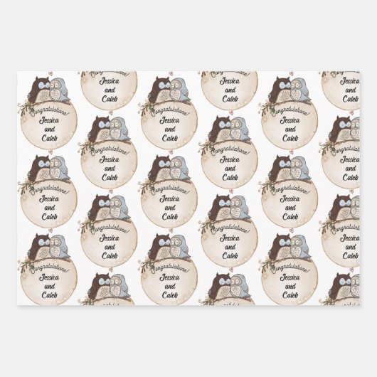 Feuille De Papier Cadeau Chouettes Mariage Félicitations Ajouter Noms Migno (Devant)