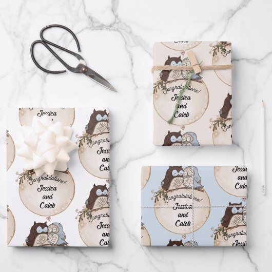 Feuille De Papier Cadeau Chouettes Mariage Félicitations Ajouter Noms Migno (Recto)