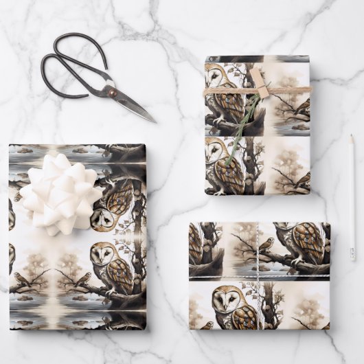 Feuille De Papier Cadeau Chouettes mignonnes assis sur une branche d'arbre (Recto)