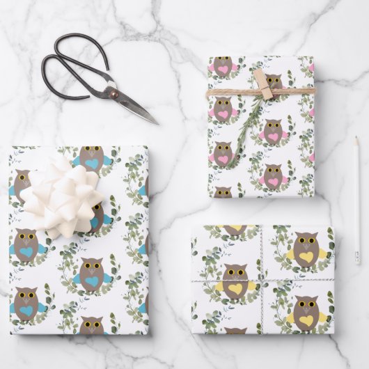 Feuille De Papier Cadeau Chouettes vertes d'Eucalyptus (Recto)