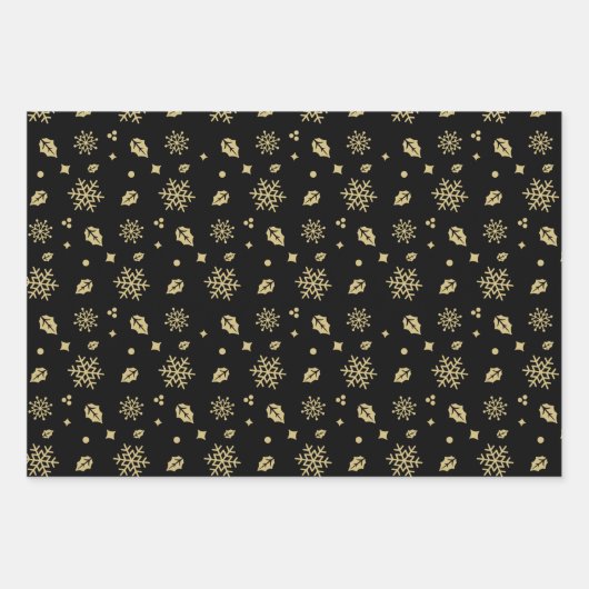 Feuille De Papier Cadeau Christmas Black And Gold Snowflake Tree Pattern (Devant)