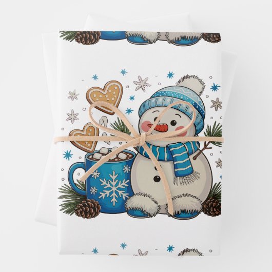 Feuille De Papier Cadeau Christmas Blue Snowman Winter Hot Cocoa Pinecones (En situation)