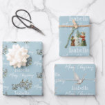 Feuille De Papier Cadeau Christmas Dusty Blue Vintage Nom personnalisé<br><div class="desc">Un bel assortiment d'illustrations vintages sur une couleur arrière - plan bleu poussiéreux. Cloches de Noël,  bonhomme de neige et motif de colombe blanche customisé de votre nom. Décor de Noël parfait et cadeau de Noël pour la saison festive.</div>