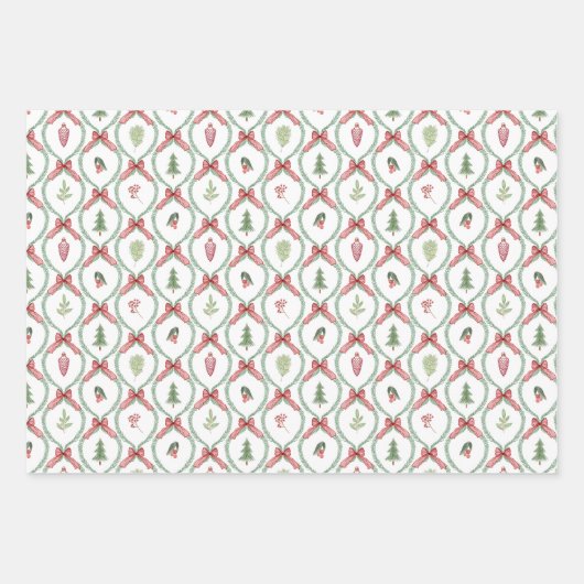 Feuille De Papier Cadeau Christmas foliage trellis and bows in red & green (Devant 3)