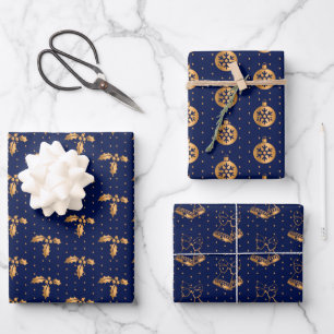 Feuille De Papier Cadeau Christmas Holly, Baubles et Holly sur Navy Blue