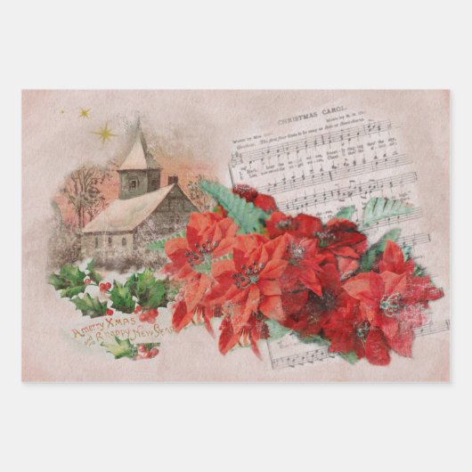 Feuille De Papier Cadeau Christmas Poinsettias Vintage (Devant)