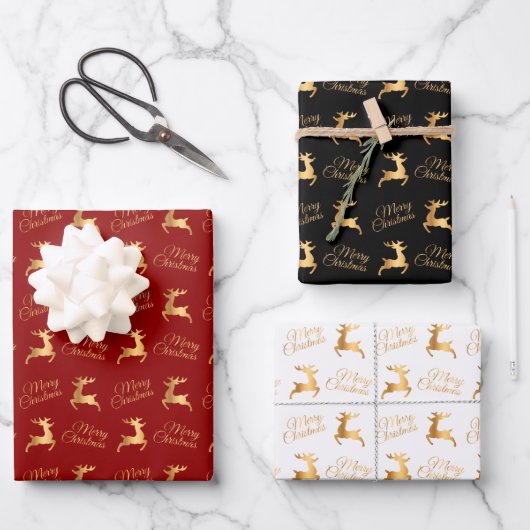 Feuille De Papier Cadeau Christmas Reindeers on Red, Black and White (Recto)