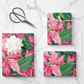 Feuille De Papier Cadeau Christmas Ruby Pink Poinsettia N Leaves Pattern