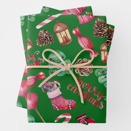 Feuille De Papier Cadeau Christmas Sweets and Decorations Green (En situation)