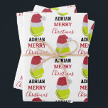 Feuille De Papier Cadeau Christmas Tennis Sports Ball Nom personnalisé<br><div class="desc">Une jolie illustration de balle de tennis portant un chapeau de Père Noël avec des mots "Joyeux Noël" et votre nom personnalisé. Parfait pour les adultes et les enfants qui aiment jouer au tennis. Un papier d'emballage de Noël à thème de tennis idéal pour les joueurs de tennis, les entraîneurs...</div>