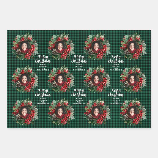 Feuille De Papier Cadeau Christmas Wreath Plaids Family Photos Personalized (Devant)