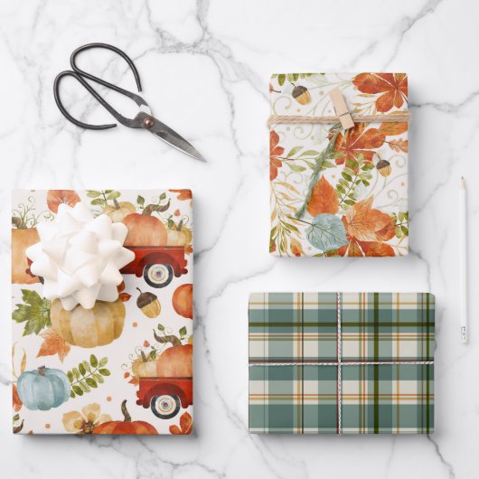 Feuille De Papier Cadeau Chute Citrouille Patch Camion Plaid (Recto)